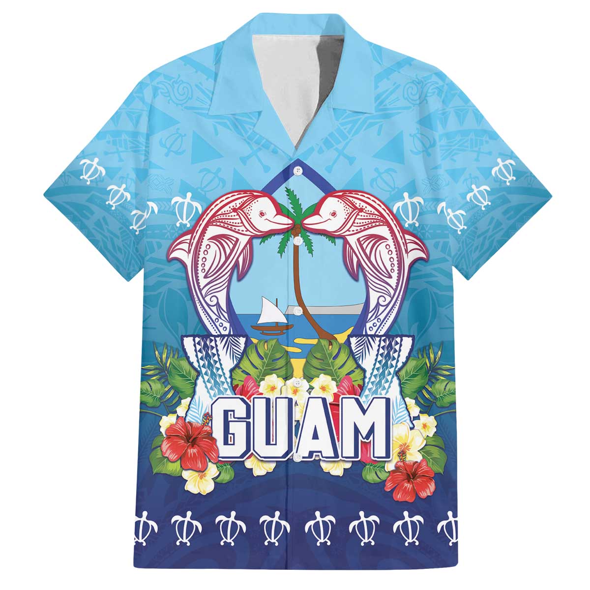Guam Chamorro Family Matching Off The Shoulder Long Sleeve Dress and Hawaiian Shirt Tribal Latte Stone With Dolphins Blue