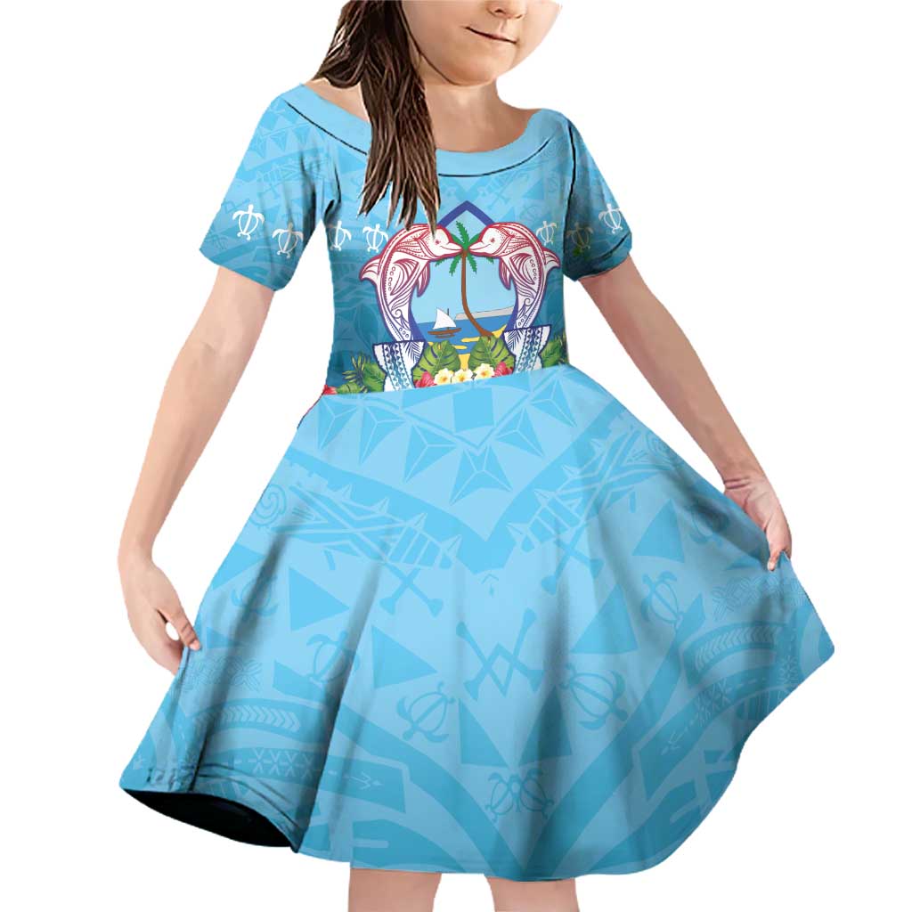 Guam Chamorro Family Matching Off Shoulder Short Dress and Hawaiian Shirt Tribal Latte Stone With Dolphins Blue