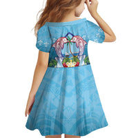 Guam Chamorro Family Matching Off Shoulder Short Dress and Hawaiian Shirt Tribal Latte Stone With Dolphins Blue