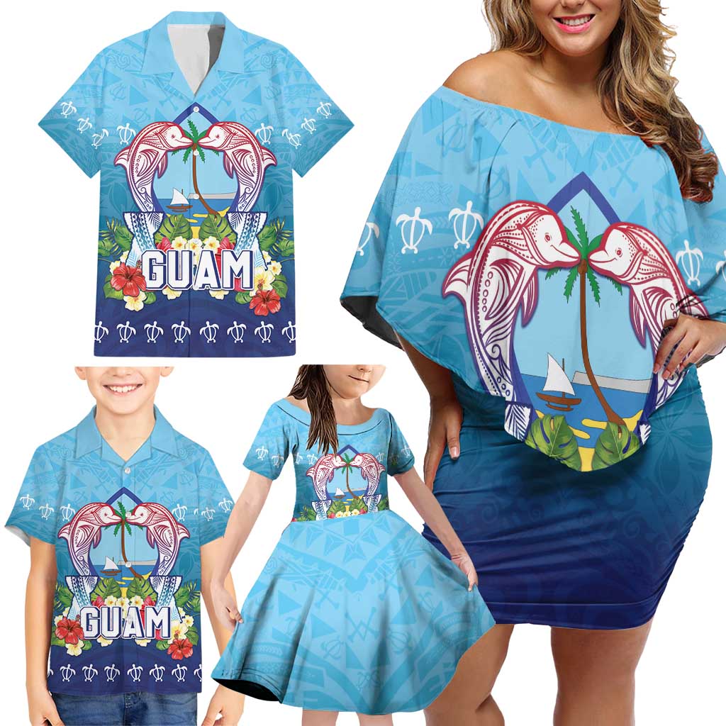 Guam Chamorro Family Matching Off Shoulder Short Dress and Hawaiian Shirt Tribal Latte Stone With Dolphins Blue