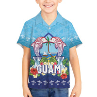 Guam Chamorro Family Matching Off Shoulder Short Dress and Hawaiian Shirt Tribal Latte Stone With Dolphins Blue