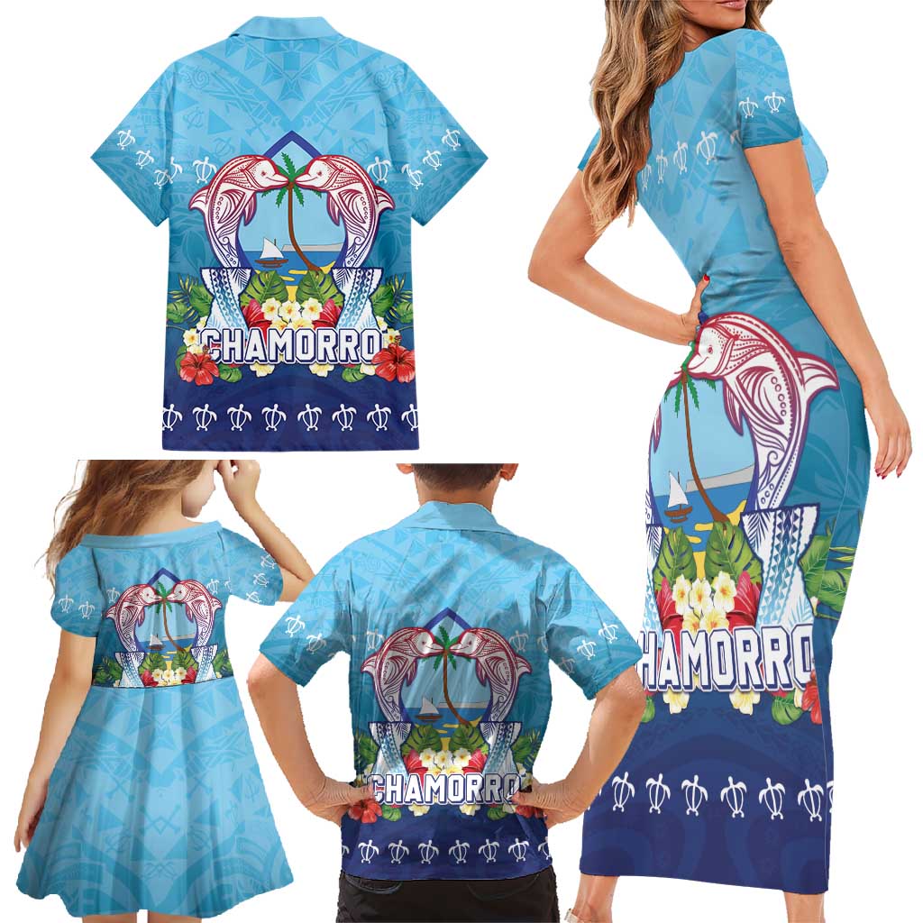 Guam Chamorro Family Matching Short Sleeve Bodycon Dress and Hawaiian Shirt Tribal Latte Stone With Dolphins Blue