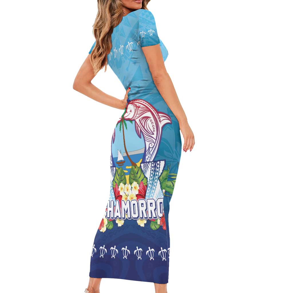 Guam Chamorro Family Matching Short Sleeve Bodycon Dress and Hawaiian Shirt Tribal Latte Stone With Dolphins Blue