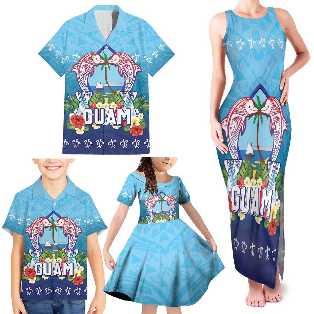 Guam Chamorro Family Matching Tank Maxi Dress and Hawaiian Shirt Tribal Latte Stone With Dolphins Blue