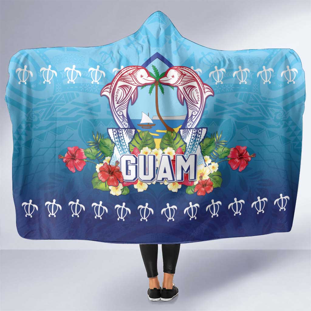 Guam Chamorro Hooded Blanket Tribal Latte Stone With Dolphins Blue