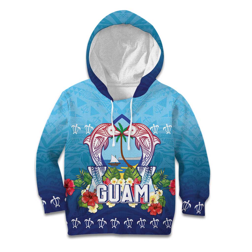 Guam Chamorro Kid Hoodie Tribal Latte Stone With Dolphins Blue