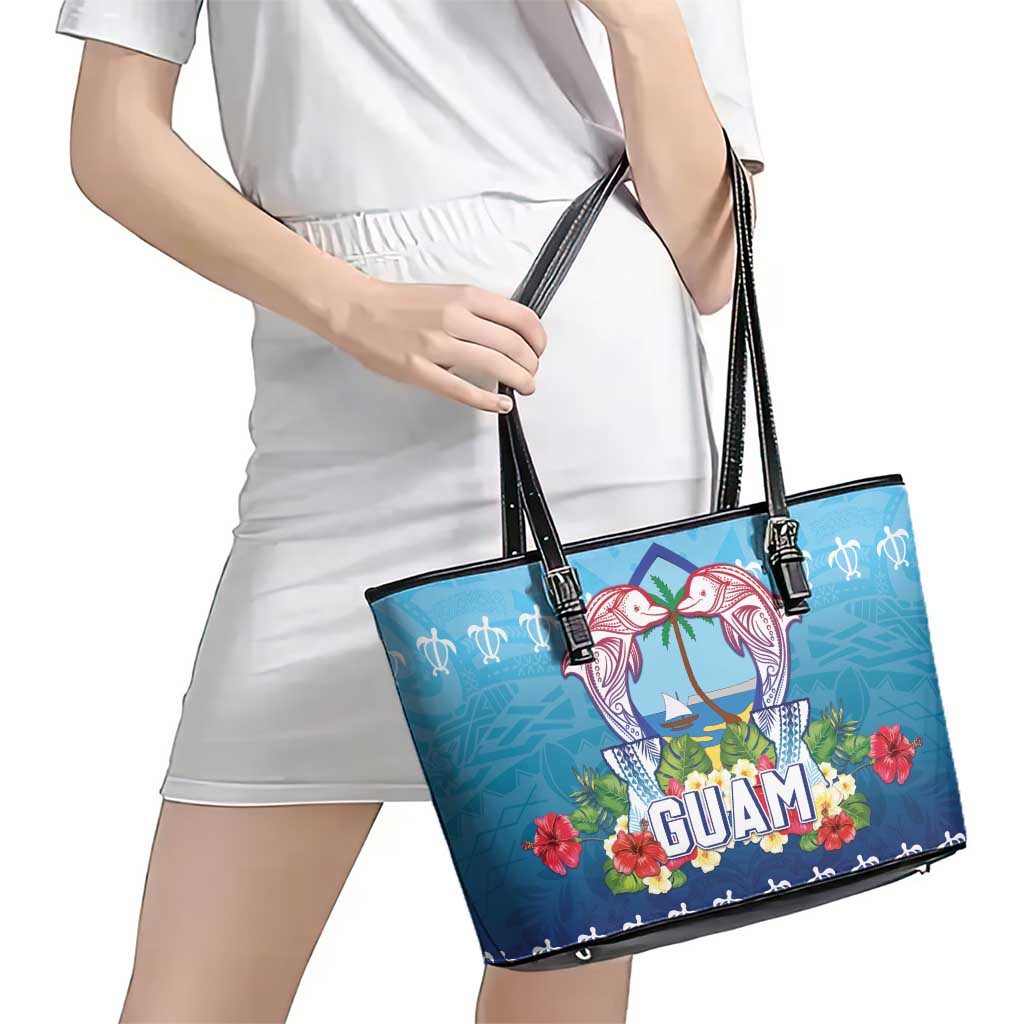 Guam Chamorro Leather Tote Bag Tribal Latte Stone With Dolphins Blue