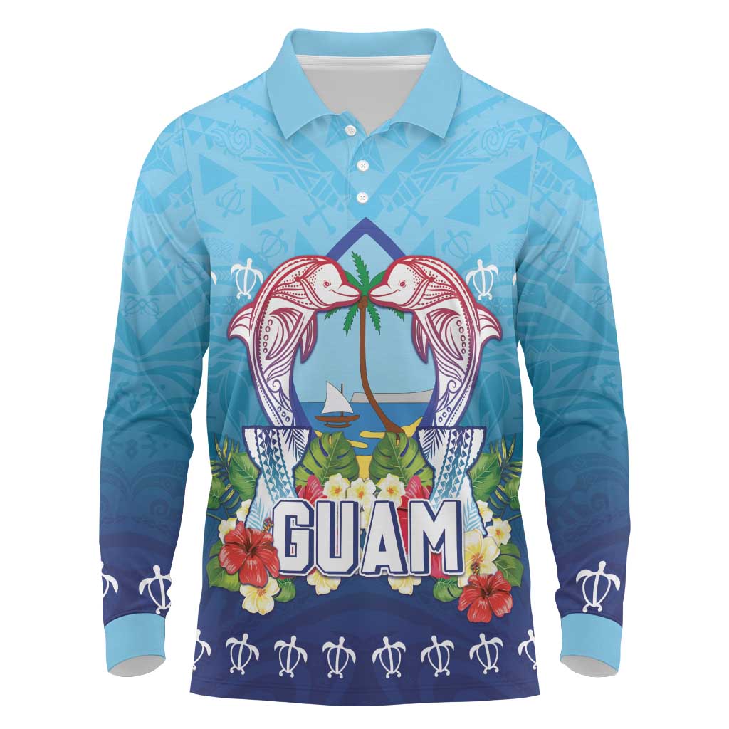 Guam Chamorro Long Sleeve Polo Shirt Tribal Latte Stone With Dolphins Blue
