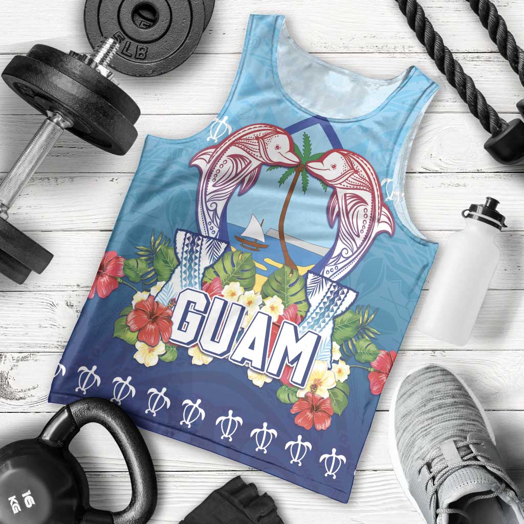 Guam Chamorro Men Tank Top Tribal Latte Stone With Dolphins Blue