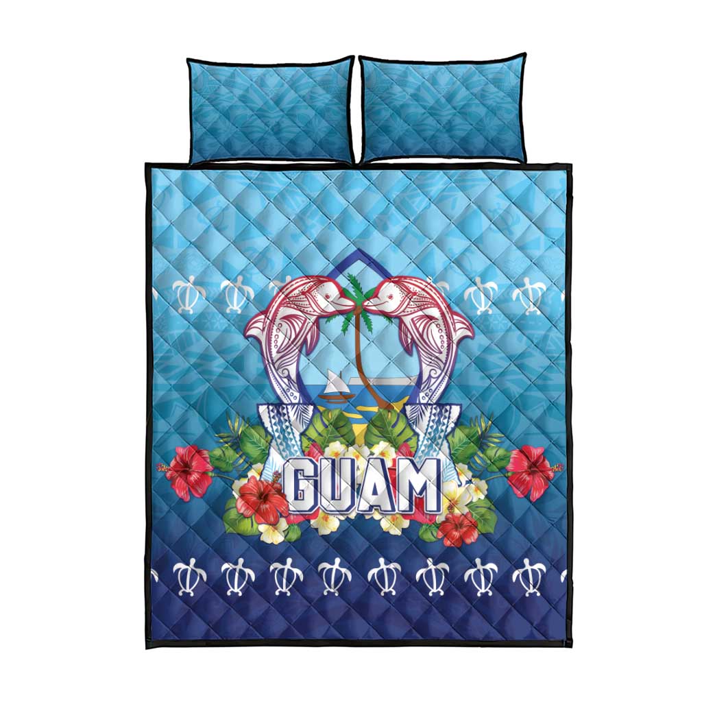 Guam Chamorro Quilt Bed Set Tribal Latte Stone With Dolphins Blue