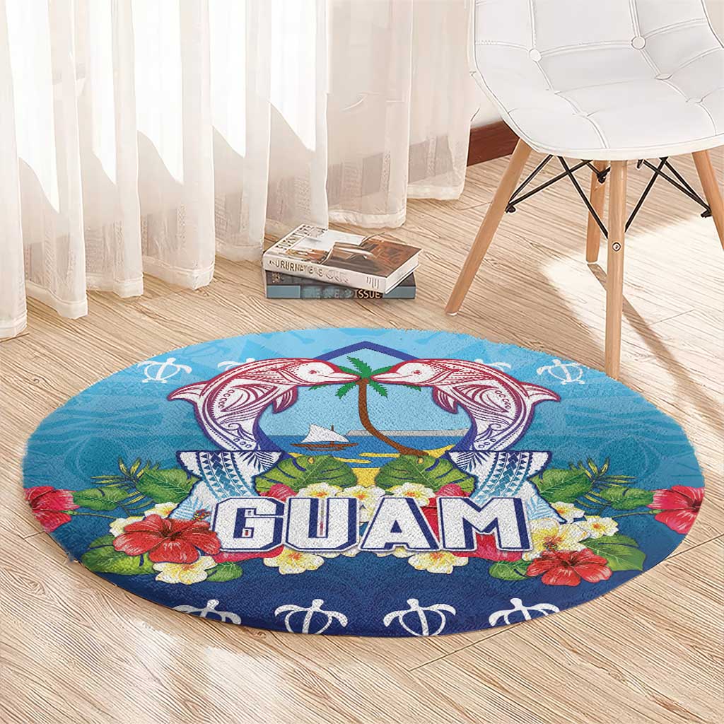 Guam Chamorro Round Carpet Tribal Latte Stone With Dolphins Blue