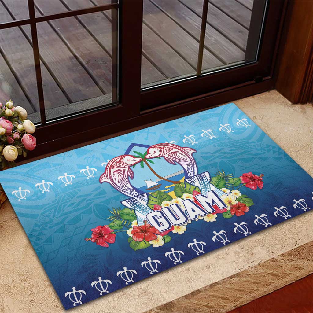 Guam Chamorro Rubber Doormat Tribal Latte Stone With Dolphins Blue