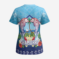 Guam Chamorro Scrub Top Tribal Latte Stone With Dolphins Blue - Polynesian Pride