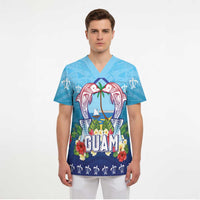 Guam Chamorro Scrub Top Tribal Latte Stone With Dolphins Blue - Polynesian Pride