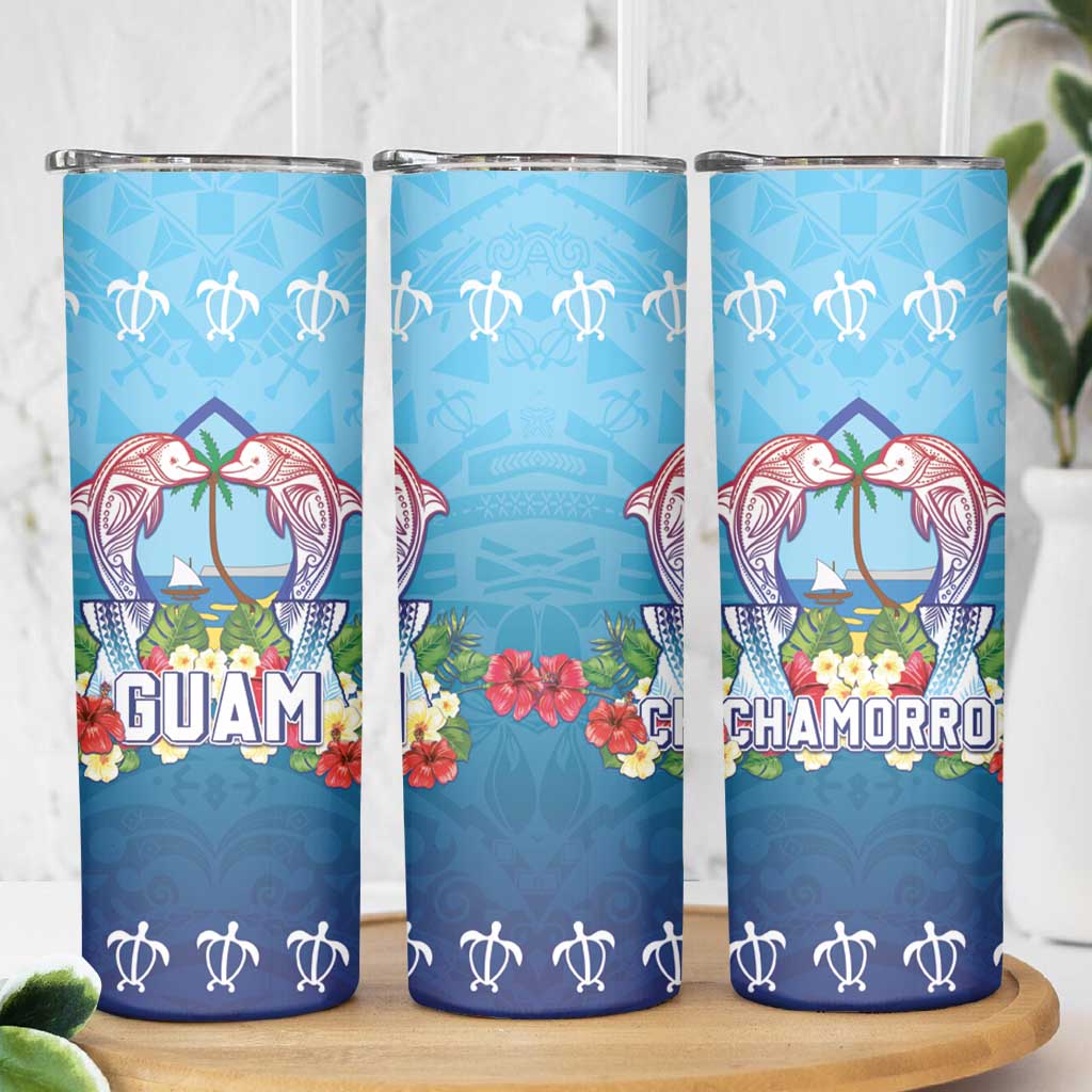Guam Chamorro Skinny Tumbler Tribal Latte Stone With Dolphins Blue