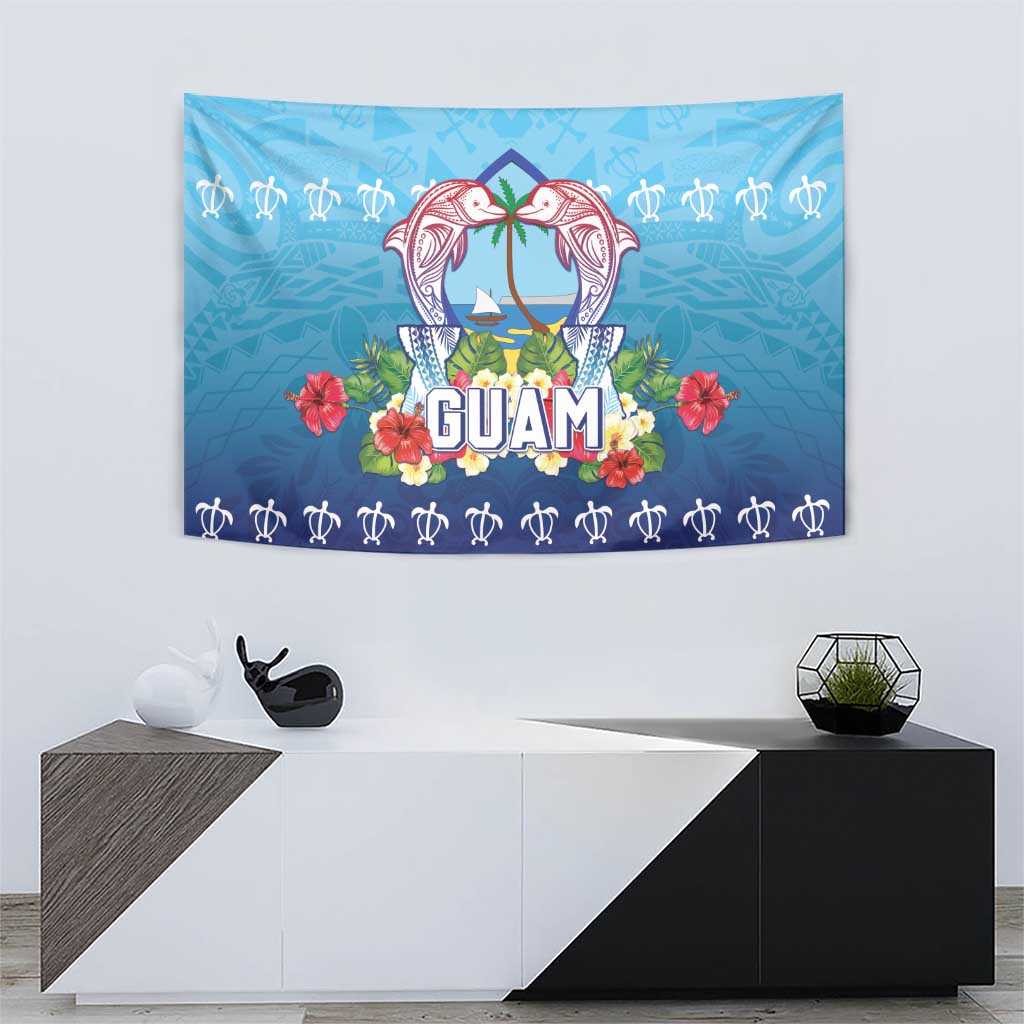 Guam Chamorro Tapestry Tribal Latte Stone With Dolphins Blue