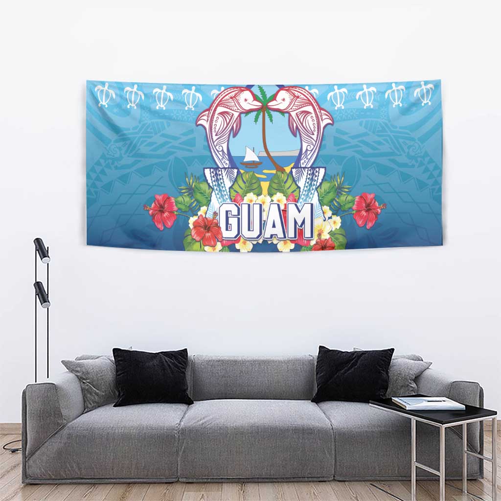 Guam Chamorro Tapestry Tribal Latte Stone With Dolphins Blue