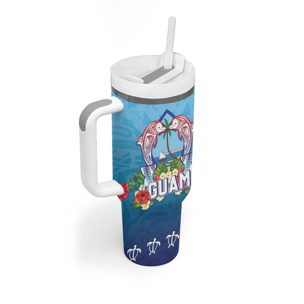 Guam Chamorro Tumbler With Handle Tribal Latte Stone With Dolphins Blue