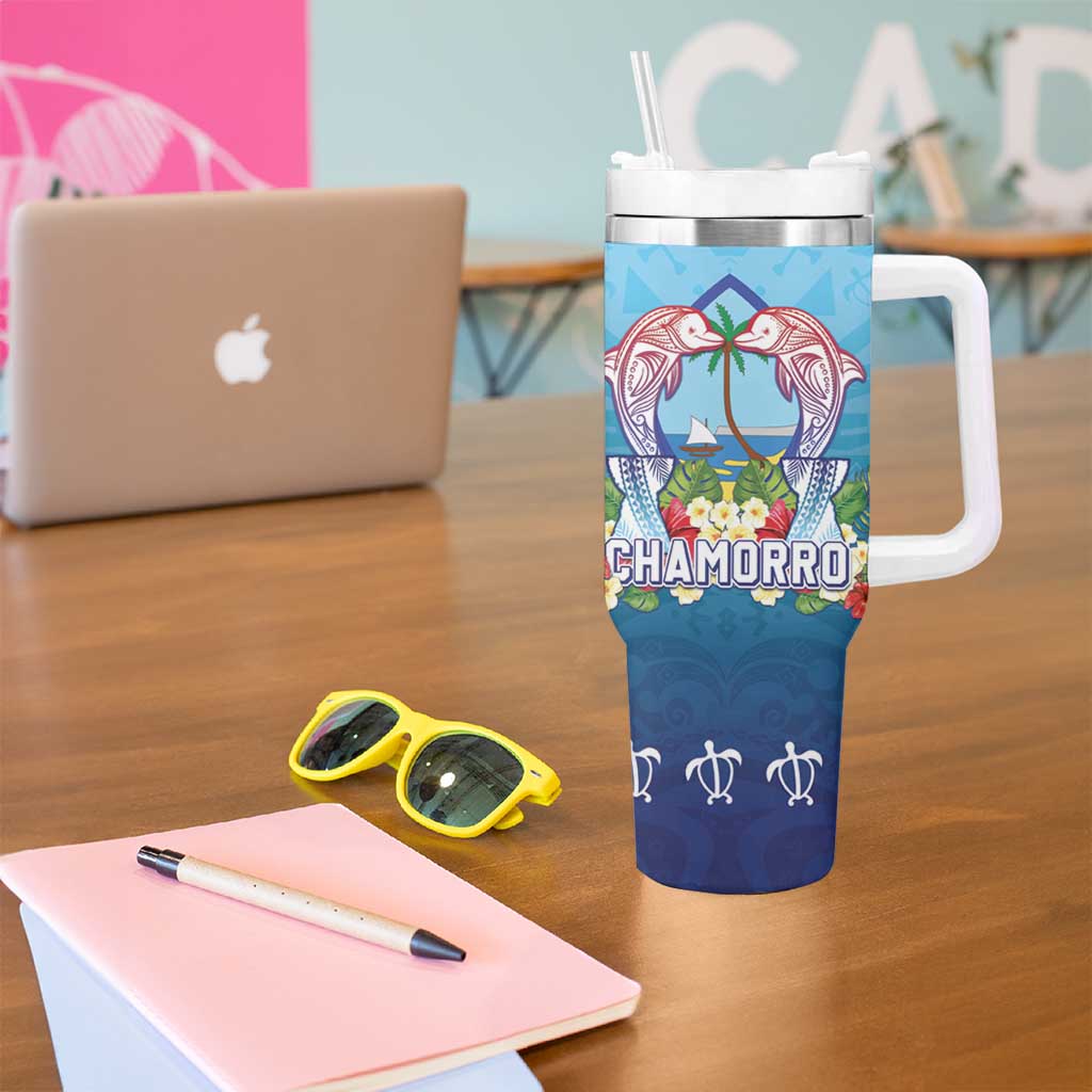 Guam Chamorro Tumbler With Handle Tribal Latte Stone With Dolphins Blue