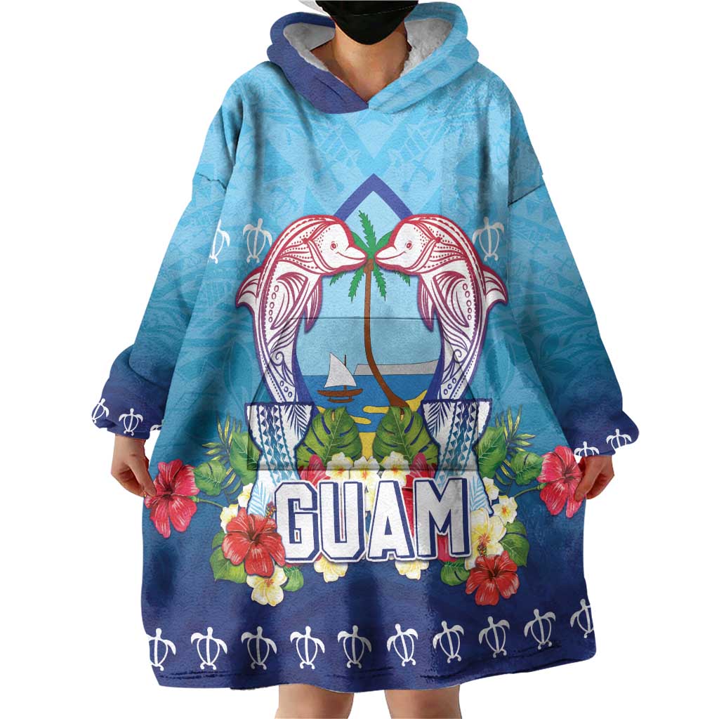 Guam Chamorro Wearable Blanket Hoodie Tribal Latte Stone With Dolphins Blue