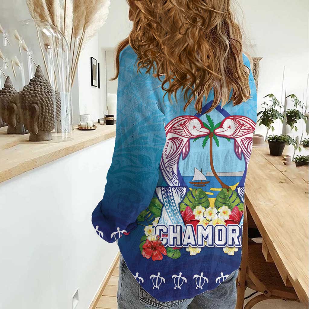 Guam Chamorro Women Casual Shirt Tribal Latte Stone With Dolphins Blue