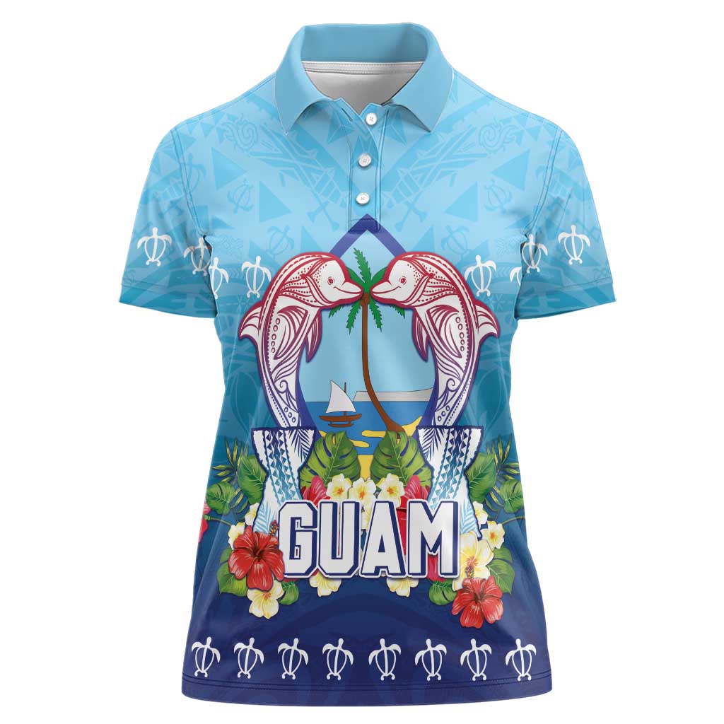 Guam Chamorro Women Polo Shirt Tribal Latte Stone With Dolphins Blue