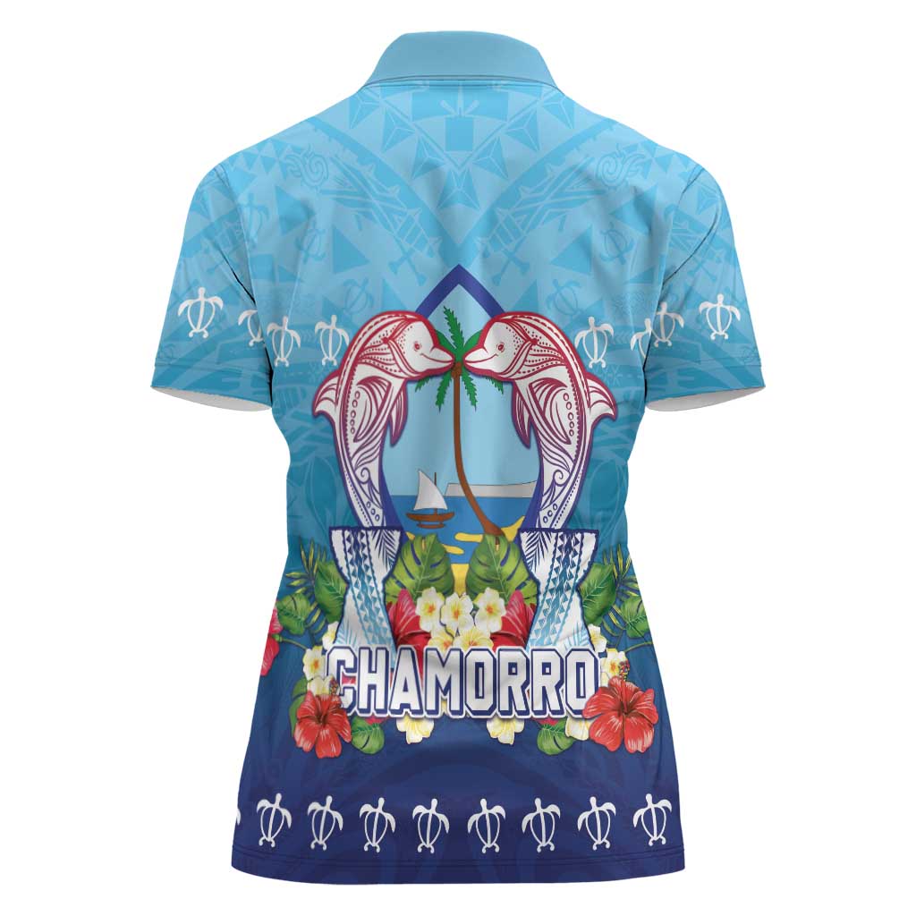 Guam Chamorro Women Polo Shirt Tribal Latte Stone With Dolphins Blue