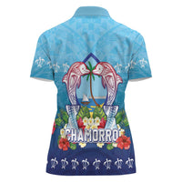 Guam Chamorro Women Polo Shirt Tribal Latte Stone With Dolphins Blue