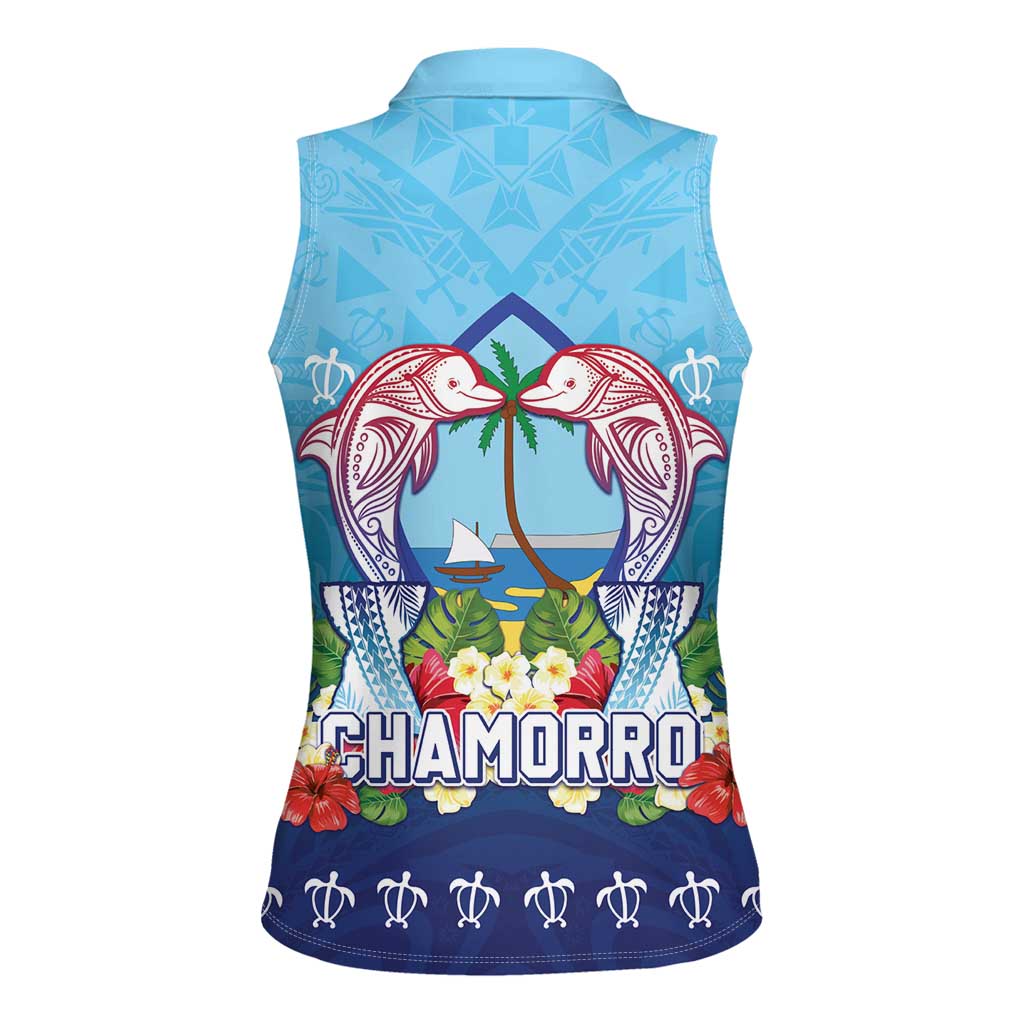 Guam Chamorro Women Sleeveless Polo Shirt Tribal Latte Stone With Dolphins Blue