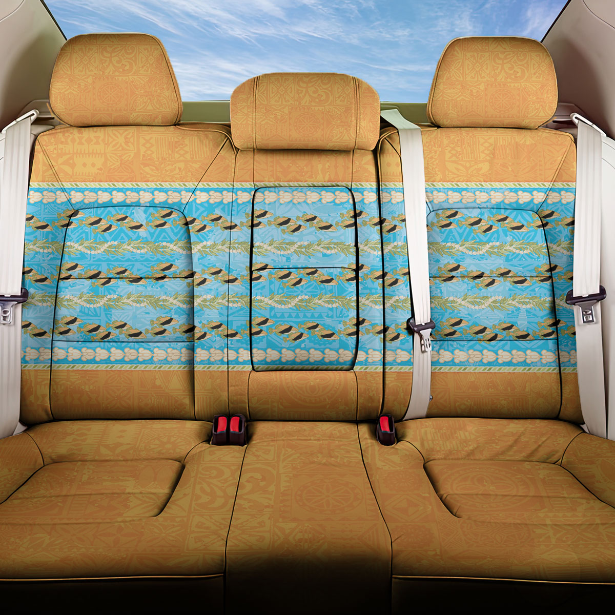 Hawaii Humuhumu Fish Maile Pikake Lei Back Car Seat Cover Tribal Tapa Orange Version