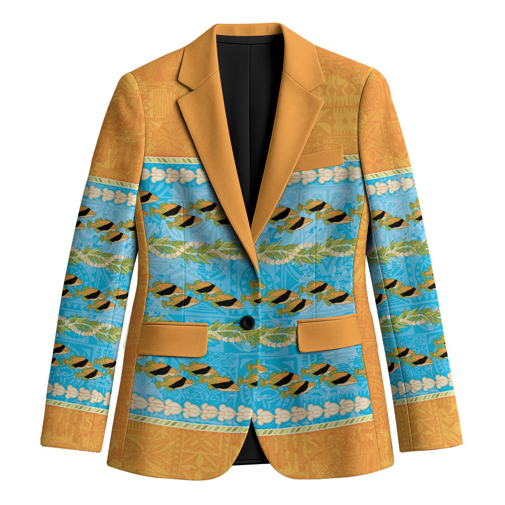 Hawaii Humuhumu Fish Maile Pikake Lei Blazer Tribal Tapa Orange Version