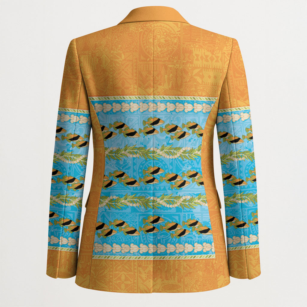 Hawaii Humuhumu Fish Maile Pikake Lei Blazer Tribal Tapa Orange Version
