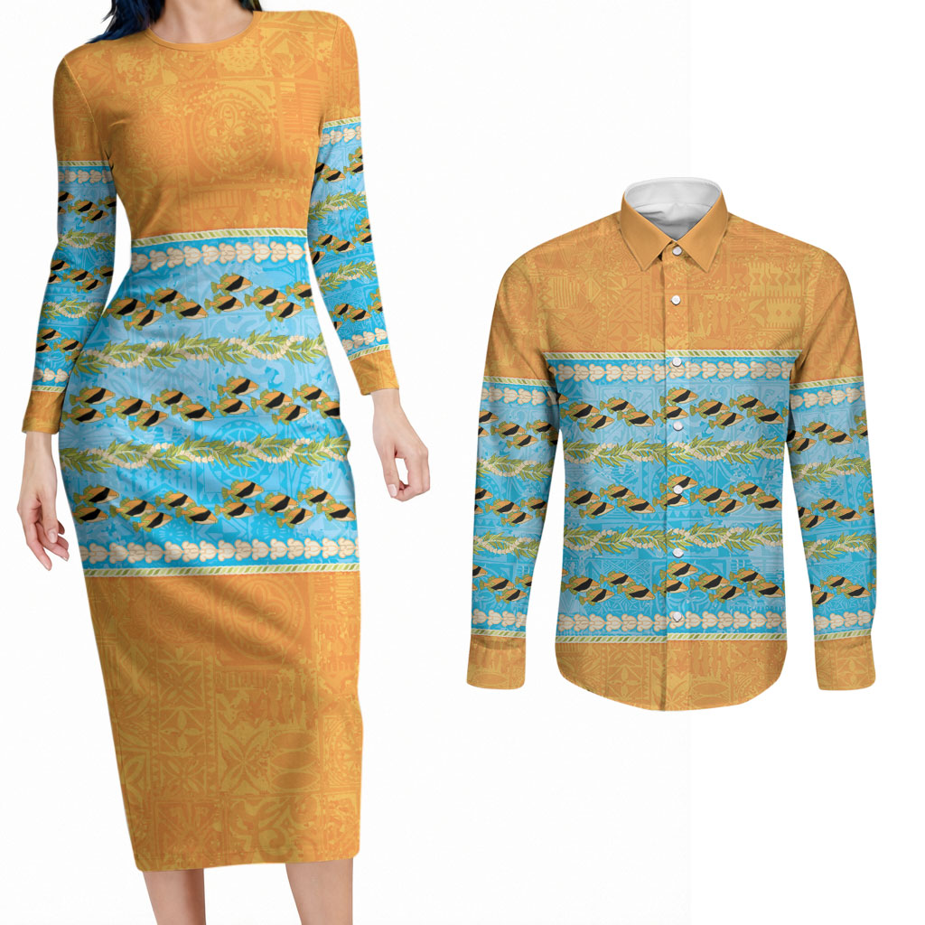 Hawaii Humuhumu Fish Maile Pikake Lei Couples Matching Long Sleeve Bodycon Dress and Long Sleeve Button Shirt Tribal Tapa Orange Version