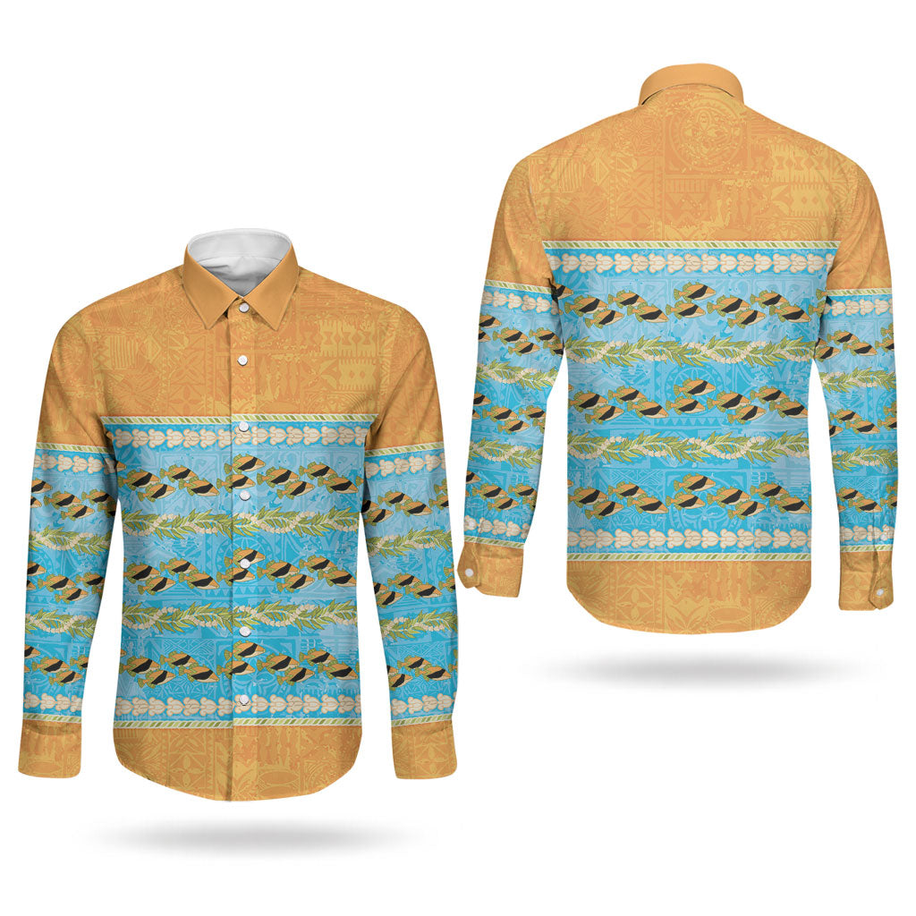Hawaii Humuhumu Fish Maile Pikake Lei Couples Matching Mermaid Dress and Long Sleeve Button Shirt Tribal Tapa Orange Version