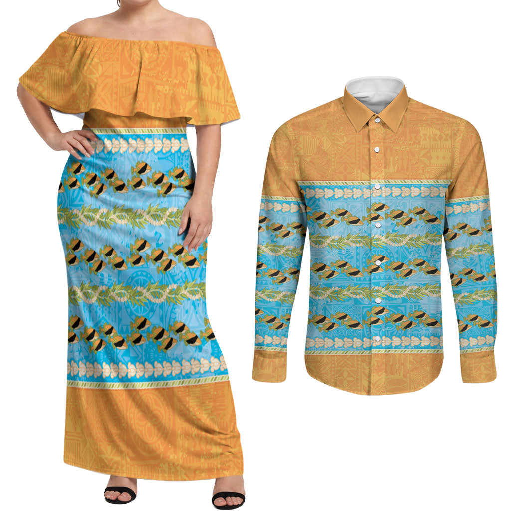 Hawaii Humuhumu Fish Maile Pikake Lei Couples Matching Off Shoulder Maxi Dress and Long Sleeve Button Shirt Tribal Tapa Orange Version