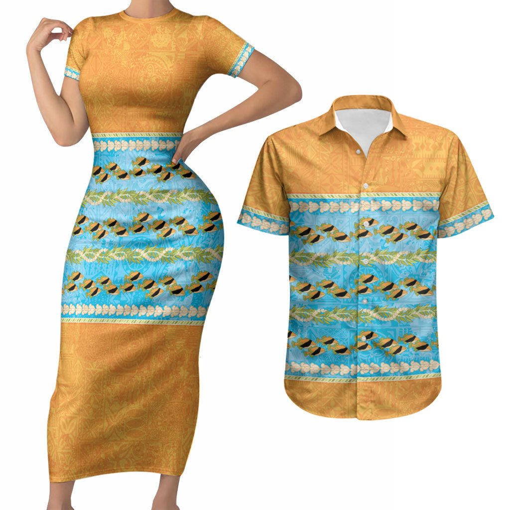 Hawaii Humuhumu Fish Maile Pikake Lei Couples Matching Short Sleeve Bodycon Dress and Hawaiian Shirt Tribal Tapa Orange Version LT05 Orange - Polynesian Pride