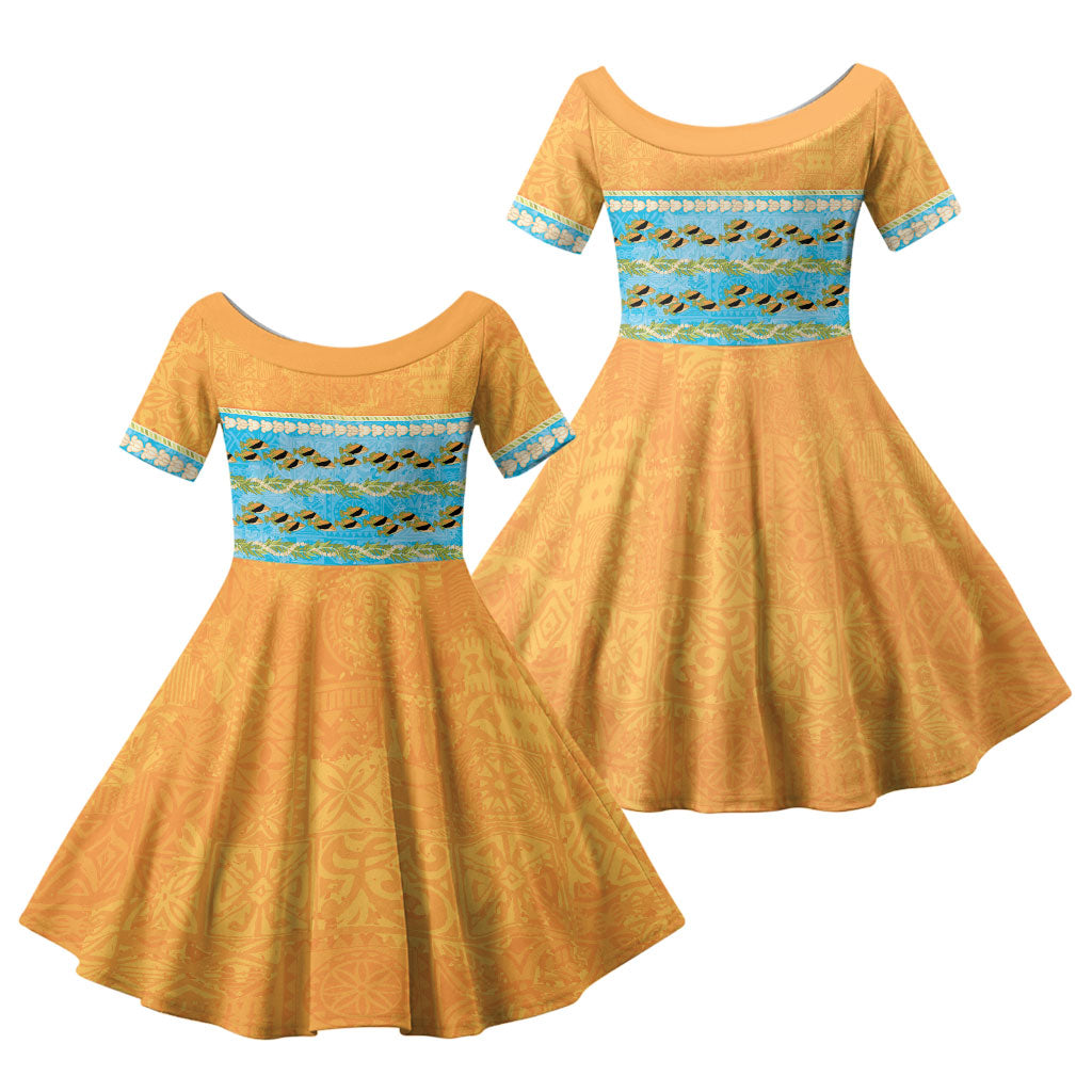 Hawaii Humuhumu Fish Maile Pikake Lei Family Matching Off Shoulder Maxi Dress and Hawaiian Shirt Tribal Tapa Orange Version