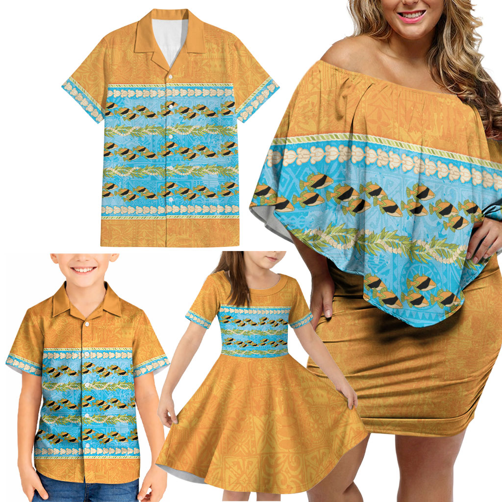 Hawaii Humuhumu Fish Maile Pikake Lei Family Matching Off Shoulder Short Dress and Hawaiian Shirt Tribal Tapa Orange Version LT05 - Polynesian Pride