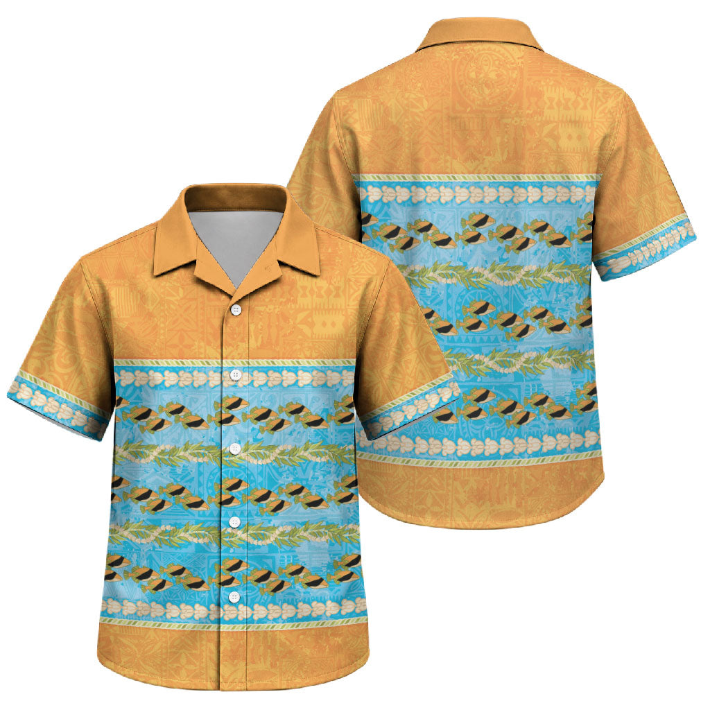Hawaii Humuhumu Fish Maile Pikake Lei Family Matching Off Shoulder Short Dress and Hawaiian Shirt Tribal Tapa Orange Version LT05 Son's Shirt Orange - Polynesian Pride