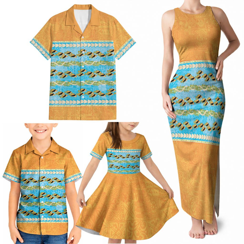 Hawaii Humuhumu Fish Maile Pikake Lei Family Matching Tank Maxi Dress and Hawaiian Shirt Tribal Tapa Orange Version LT05 - Polynesian Pride