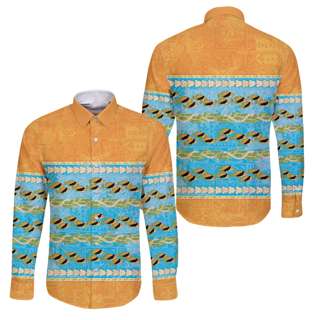 Hawaii Humuhumu Fish Maile Pikake Lei Family Matching Tank Maxi Dress and Hawaiian Shirt Tribal Tapa Orange Version LT05 Dad's Shirt - Long Sleeve Orange - Polynesian Pride