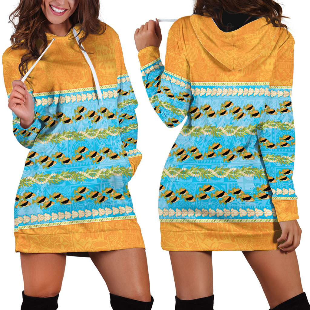 Hawaii Humuhumu Fish Maile Pikake Lei Hoodie Dress Tribal Tapa Orange Version