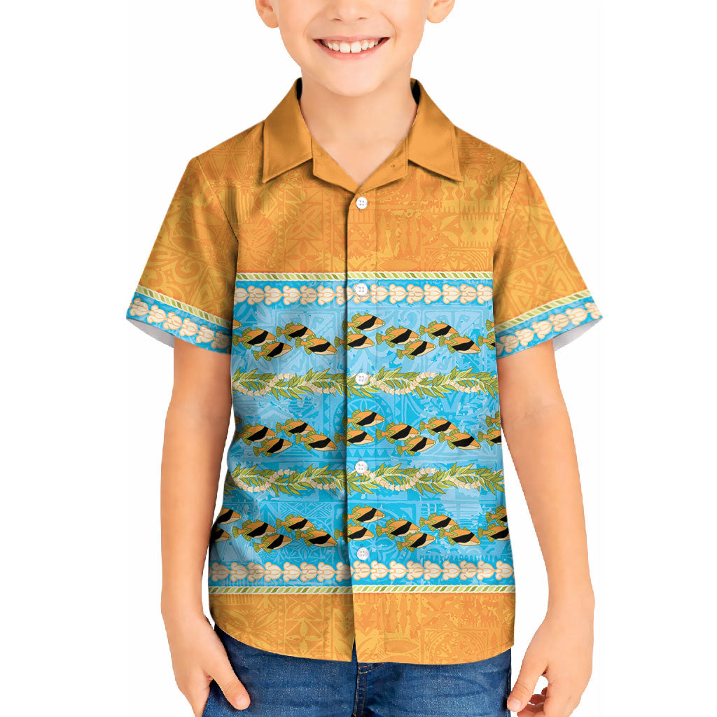 Hawaii Humuhumu Fish Maile Pikake Lei Kid Hawaiian Shirt Tribal Tapa Orange Version LT05 Kid Orange - Polynesian Pride