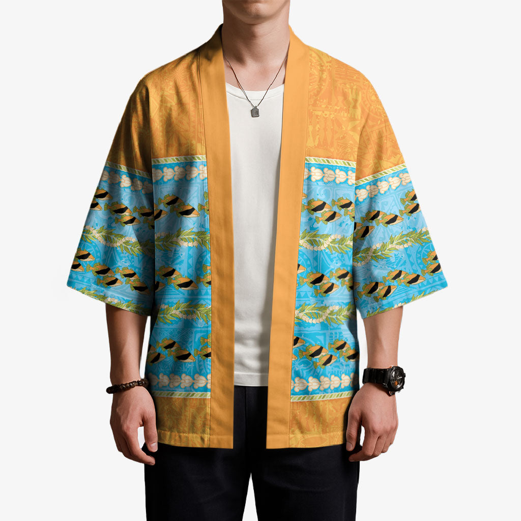 Hawaii Humuhumu Fish Maile Pikake Lei Kimono Tribal Tapa Orange Version