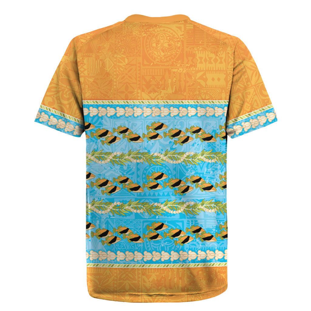 Hawaii Humuhumu Fish Maile Pikake Lei Rugby Jersey Tribal Tapa Orange Version LT05 - Polynesian Pride
