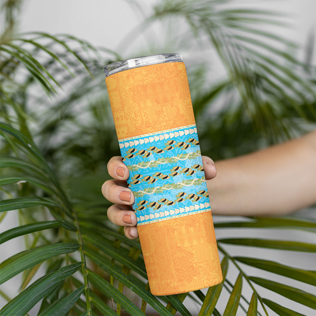 Hawaii Humuhumu Fish Maile Pikake Lei Skinny Tumbler Tribal Tapa Orange Version