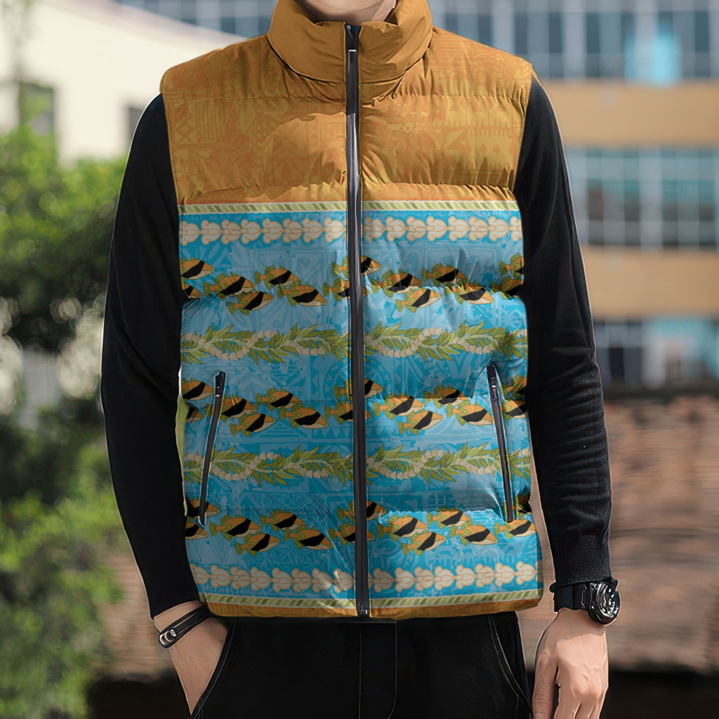 Hawaii Humuhumu Fish Maile Pikake Lei Sleeveless Puffer Jacket Tribal Tapa Orange Version