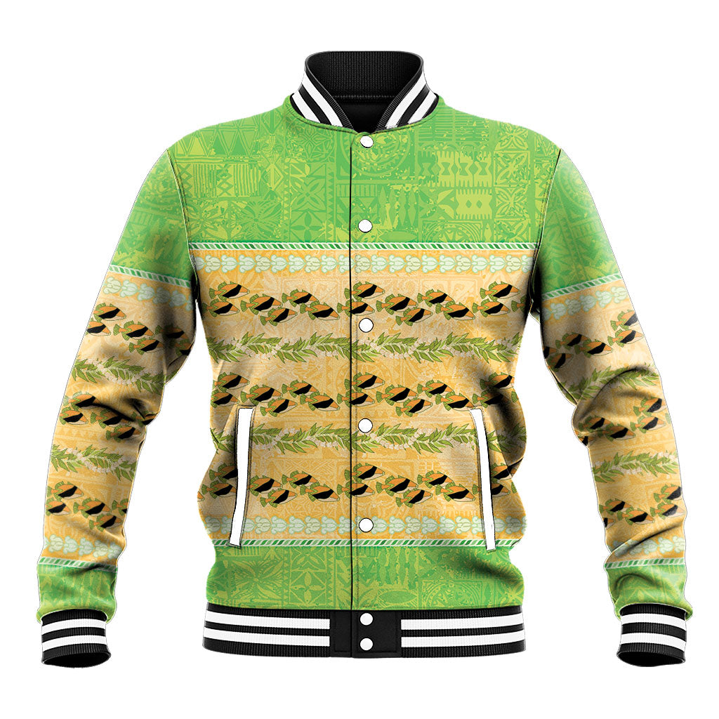Hawaii Humuhumu Fish Maile Pikake Lei Baseball Jacket Tribal Tapa Green Version LT05 Unisex Green - Polynesian Pride