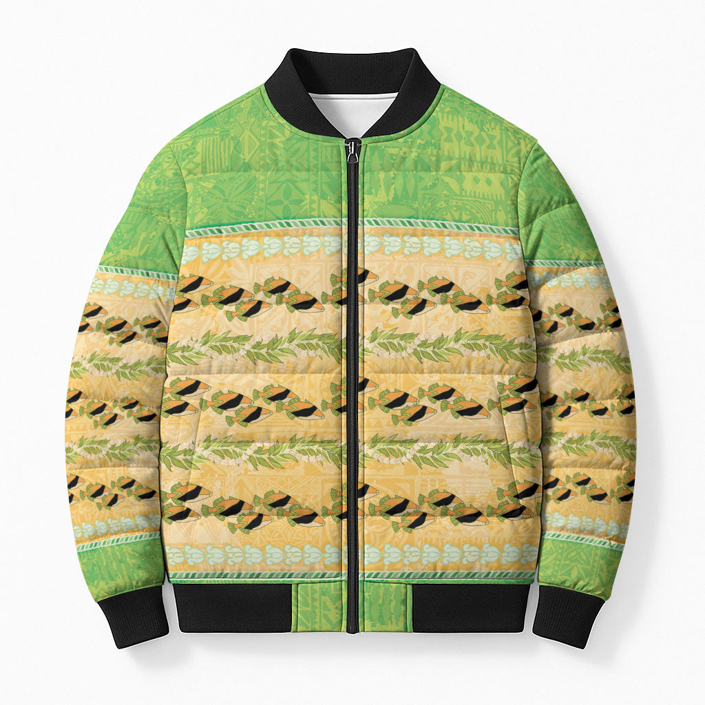 Hawaii Humuhumu Fish Maile Pikake Lei Bomber Puffer Jacket Tribal Tapa Green Version LT05 Unisex Green - Polynesian Pride