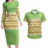 Hawaii Humuhumu Fish Maile Pikake Lei Couples Matching Long Sleeve Bodycon Dress and Hawaiian Shirt Tribal Tapa Green Version LT05 Green - Polynesian Pride